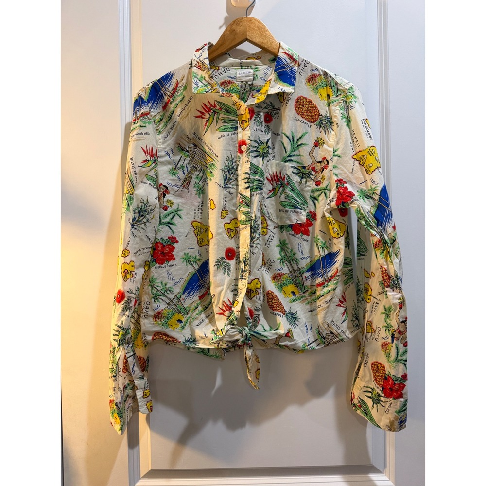 J.Crew Hawaiian Postcard Print Tie Front Cotton Shirt G6068 White Multi Size M